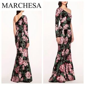 MARCHESA NOTTE One Shoulder Floral Embroidered Sequin Gown